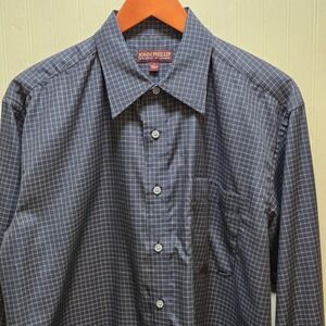 John Phillip Shirt Mens‎ Large Blue Check Silk Cotton Classic Fit Long Sleeve
